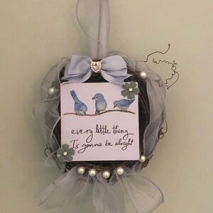 Blue Bird Wall Wreath with Ribbon and Pearls